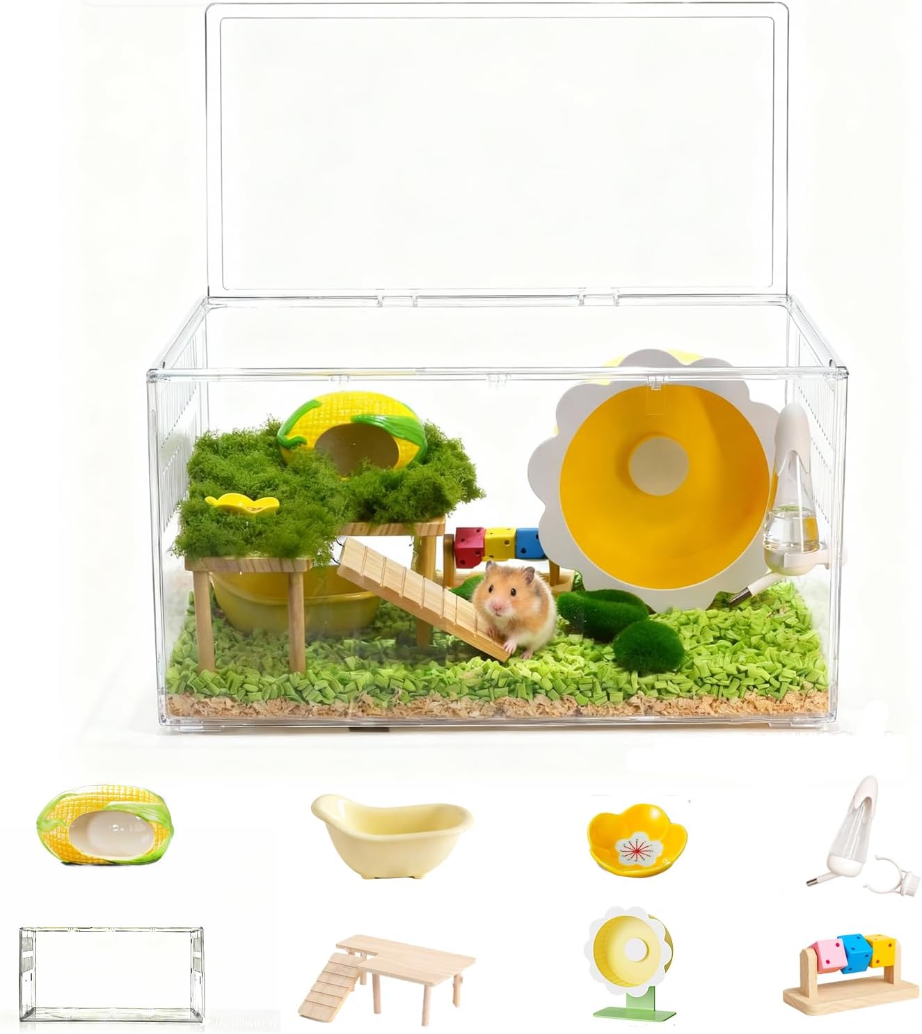 24in Large Hamster Cage with All Accessories, Spacious Clear Small Animal Habitat for Hamsters with Exercise Wheel, Bridge, Hideout, Water Bottle, Bowl, Bath Sand Tub, and Toy