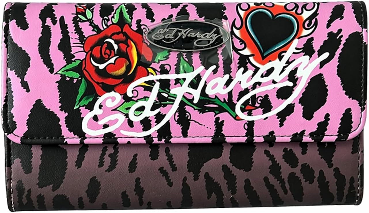 ED HARDY Women's Trifold Wallet with Multicompartment Storage (Rebel Rose Pink Noir)