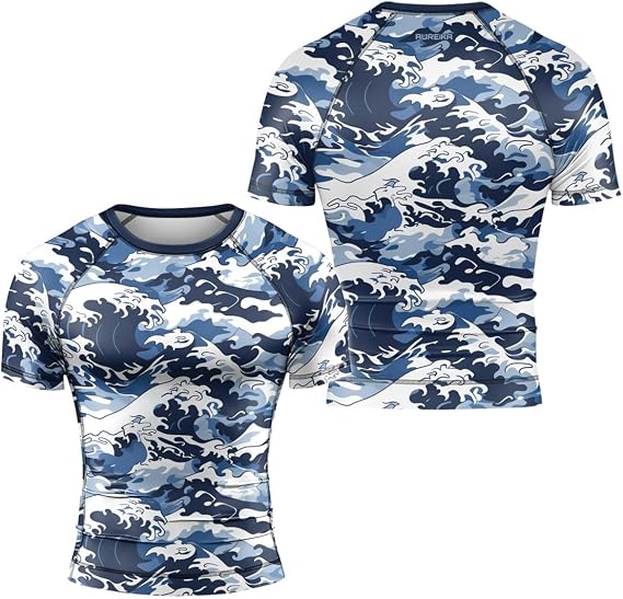 Camo Mens BJJ Rash Guard Short Sleeve MMA Compression Base Layer for Grappling & Combat Workouts
