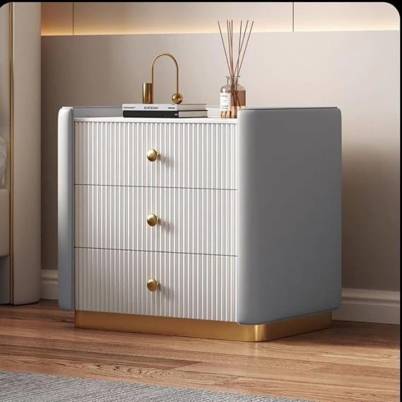 Luxury 3-Drawer Bedside Cabinet,Modern Minimalist Nightstand with Elevated Stone Top & Solid Wood Frame,Faux Leather Bedside Table for Bedroom Living Room,Beige,Gray1,50x40x52cm(20x16x20inch