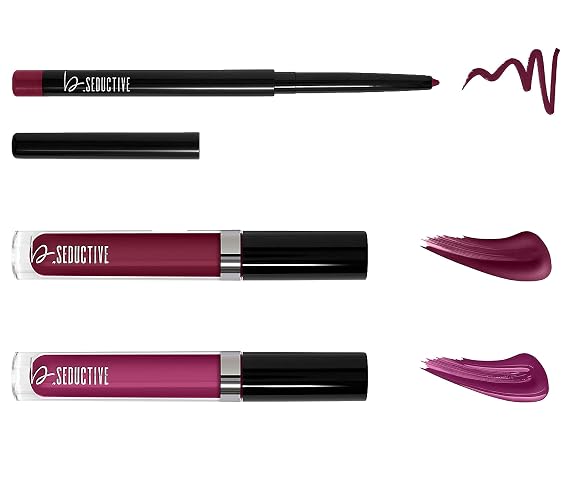 b.Seductive 3-Piece Lip Kit, Longwear Makeup, Smudge Proof Liquid Lip Colors and a Lip Liner, Velvet Finish, The Berries