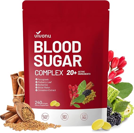 VivoNu Blood Sugar Complex Supplement | Advanced Formula with 20 Herbs and Vitamins with Cinnamon, Turmeric, Black Pepper, Licorice and More, Vegan, Non-GMO, Gluten-Free