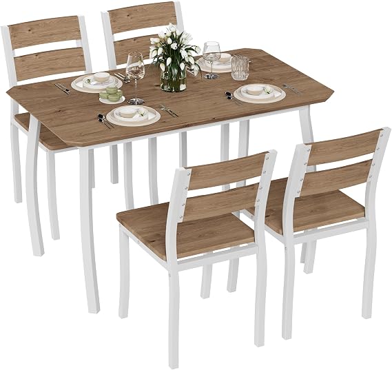 Dining Table Set for 4, Modern Kitchen Table Chairs Set of 4 with Chamfered Edges & Wooden Seats, Space-Saving Metal Frame Breakfast Nook for Small Spaces, Dining Room, White & Wood Grain Color