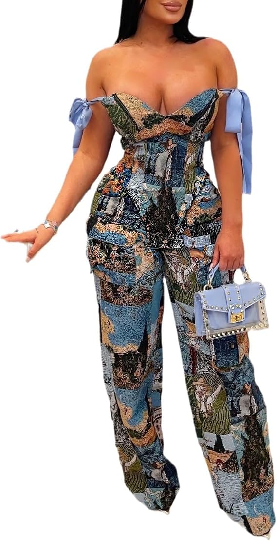 ksotutm Two Piece Sets for Women Oil Painting Sleeveless Tie Top Multi Pocket Pants Set