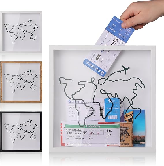 Travel Adventure Archive Shadow Box with Slot,8x8in White World Map | Perfect Travel Gift for Women, Men, and Couples. Travel Keepsake Box to Preserve Tickets, Photos, and Memories From Adventure