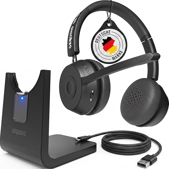 GEQUDIO Bluetooth Headset with Microphone and Charging Station GB2+ 500h Standby