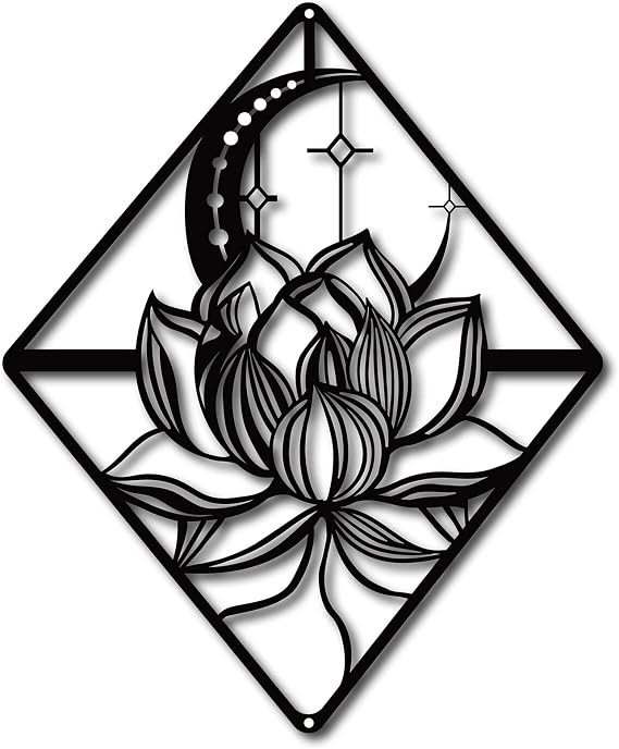CREATCABIN Lotus Wall Art Metal Moon Flower Ornaments Wall Decor Signs Hanging Sculpture for Home Bedroom Kitchen Garden Housewarming Gift Christmas Halloween Holiday Decoration Black 10.6 x 10inch