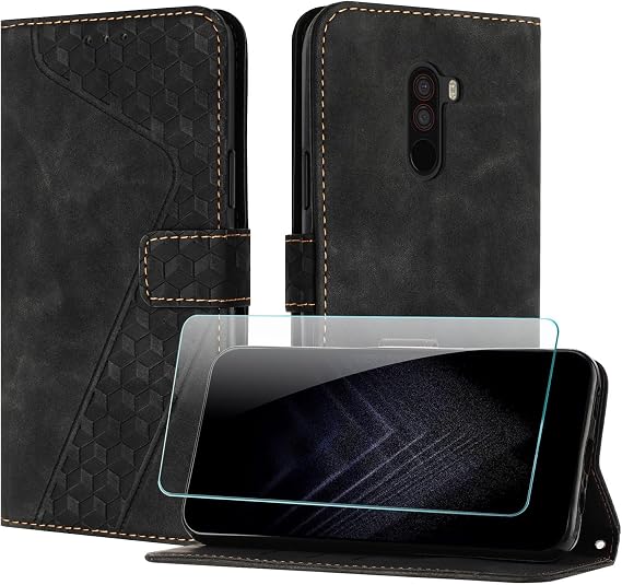 Case for Xiaomi mi Pocophone F1 with Screen Protector, Flip Wallet PU for Xiaomi Pocophone F1 cover [Card Holder] [Magnetic Closure] [Kickstand] 360 Shockproof Protective Case - Black
