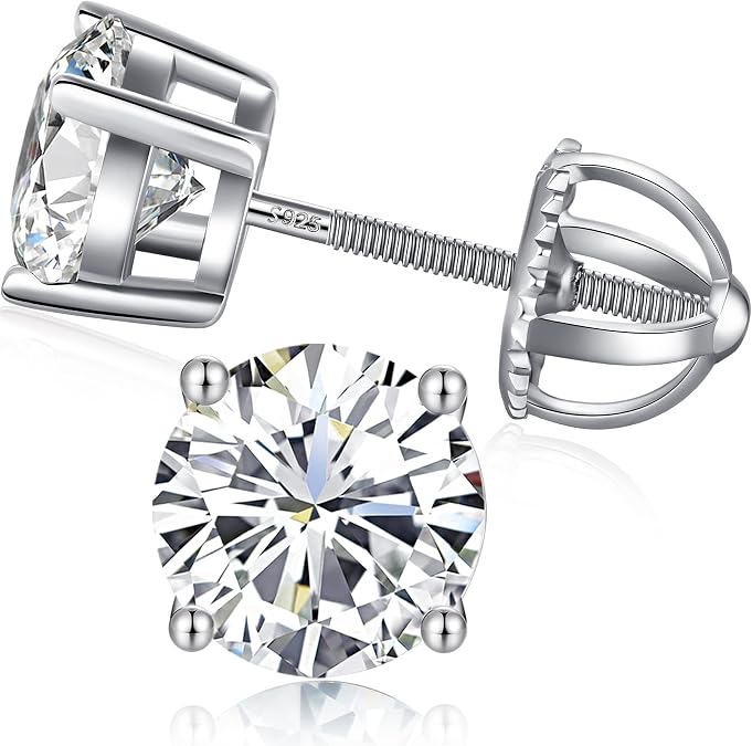 Princess & Round Cut CZ Screw Back Stud Earrings for Women 5A+ Sparkling Cubic Zirconia Hypoallergenic 925 Sterling Silver Earrings