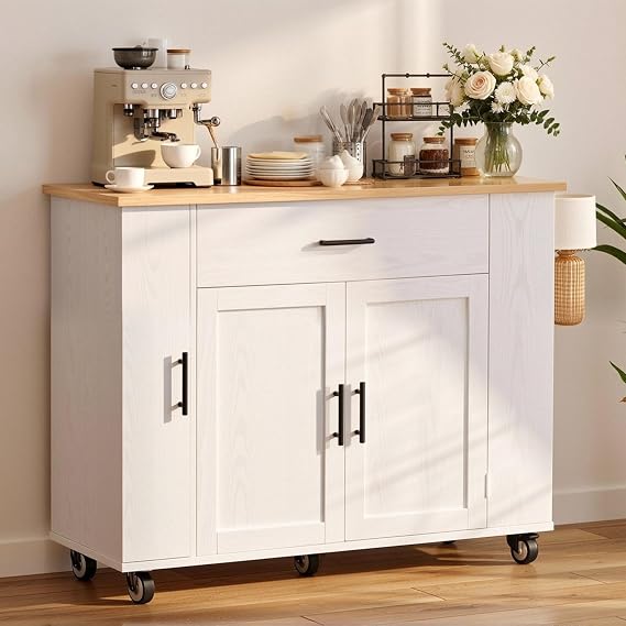 IRONCK 47 in Rolling Kitchen Island with Drop Leaf and Storage, White