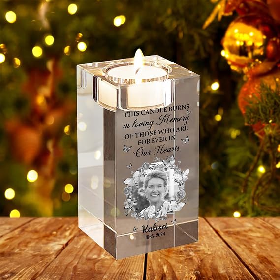 This Candle Burns in Loving Memory Personalized Christmas Photo Memory Crystal Candle Custom Picture Sympathy Candles Light in Loving Memory Candle Christmas Bereavement Memorial Gifts