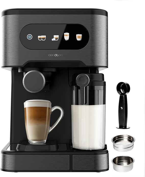 Cecotec Coffee Maker Express Power Espresso 20 ColdBrew Latte +. 1350W, 20Bars, ColdBrew, Touch Color Screen, Water Tank 1.5L, 500ml Milk, Dark Steel, Cup Warmer, Double Arm, Detachable