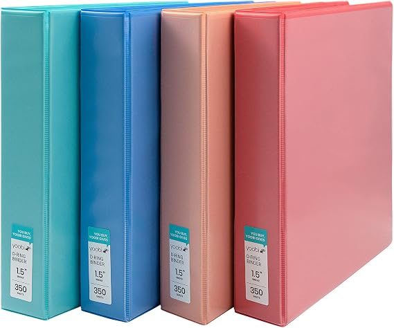 Yoobi 3 Ring Binders 1.5 Inch Binder with Round D Rings and 2 Pockets, Durable, PVC-Free Organizer with 375 Sheets Capacity, 4- Pack Colored Binders with Plastic Cover for Office Supplies