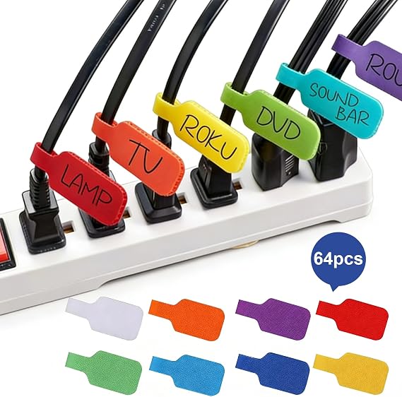 64 Pcs Cable Labels Tags Write on with 8 Colors Cable Tags, Self-Adhesive Plug Wire Labels, Hook and Loop Fastener, Reusable Cable Markers for Cord Management and Identification