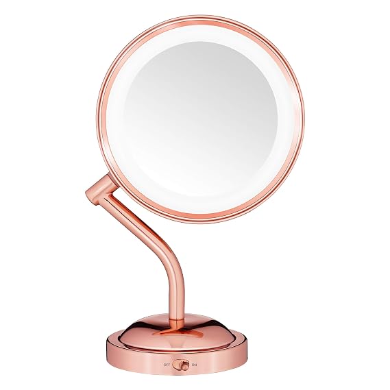 Conair Lighted Makeup-Mirror with Magnification, LED Vanity-Mirror, 1X/5X Magnifying-Mirror, Double Sided-Mirror, Operated in-Battery Rose Gold