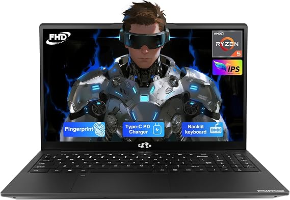 NIMO 15.6'' IPS FHD-Laptop, 8GB RAM 256GB SSD AMD Ryzen 5(Beat i5-1135G7, 4 Cores Up to 3.7GHz) Student Computer with 65W Type-C, Fingerprint, Backlit Keyboard, BT5.2, Numpad, Black