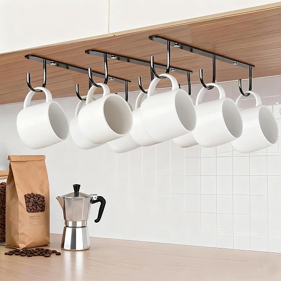 3 Pieces Under Cabinet Mug Holder,Under Shelf Mug Hooks,Coffee Cup Holder with 12 Hooks,Kitchen Hanging Mug Storage Rack (Black)