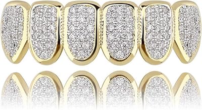 JINAO Grillz Grills for Your Teeth Simulated Diamond Teeth Grillz with Extra Molding Bars Included 18K Gold Plated All Iced Out Cubic Zirconia Golden Teeth for Men Women