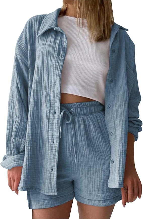 2 Piece Sets for Women Lounge Wear Matching Two Piece Pajama Fashion Oversized Shirts and Shorts Spring Outfit 2025