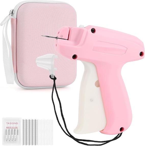 Stitch Gun for Clothing, Mini Sewing Stitch Tagging Gun for Clothes, Stitch Gun Quick Clothing Fixer with 6 Needles, 1000 Black & 1000 White Micro Fasteners & 1 Hard Carrying Case (Pink)