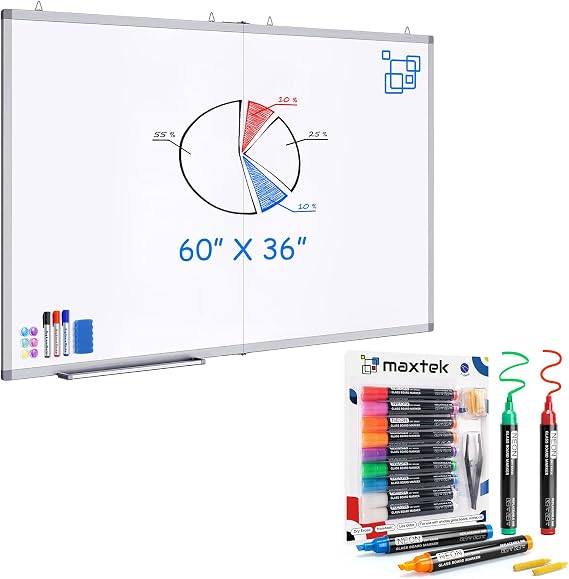 White Board Dry Erase 60 x 36,maxtek Large Magnetic Whiteboard 5' X 3' Dry Erase Board Foldable with Long Marker and Neon Dry Erase Markers Chisel Tip,Low Odor,Assorted Colors,9 Count