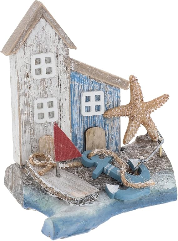 Shudehill Giftware Sandy Bay Standing Beach House Ornament Decoration - Beach Rustic Themed Design with Lighthouse, Anchor, Log House and More (Two Houses Medium)