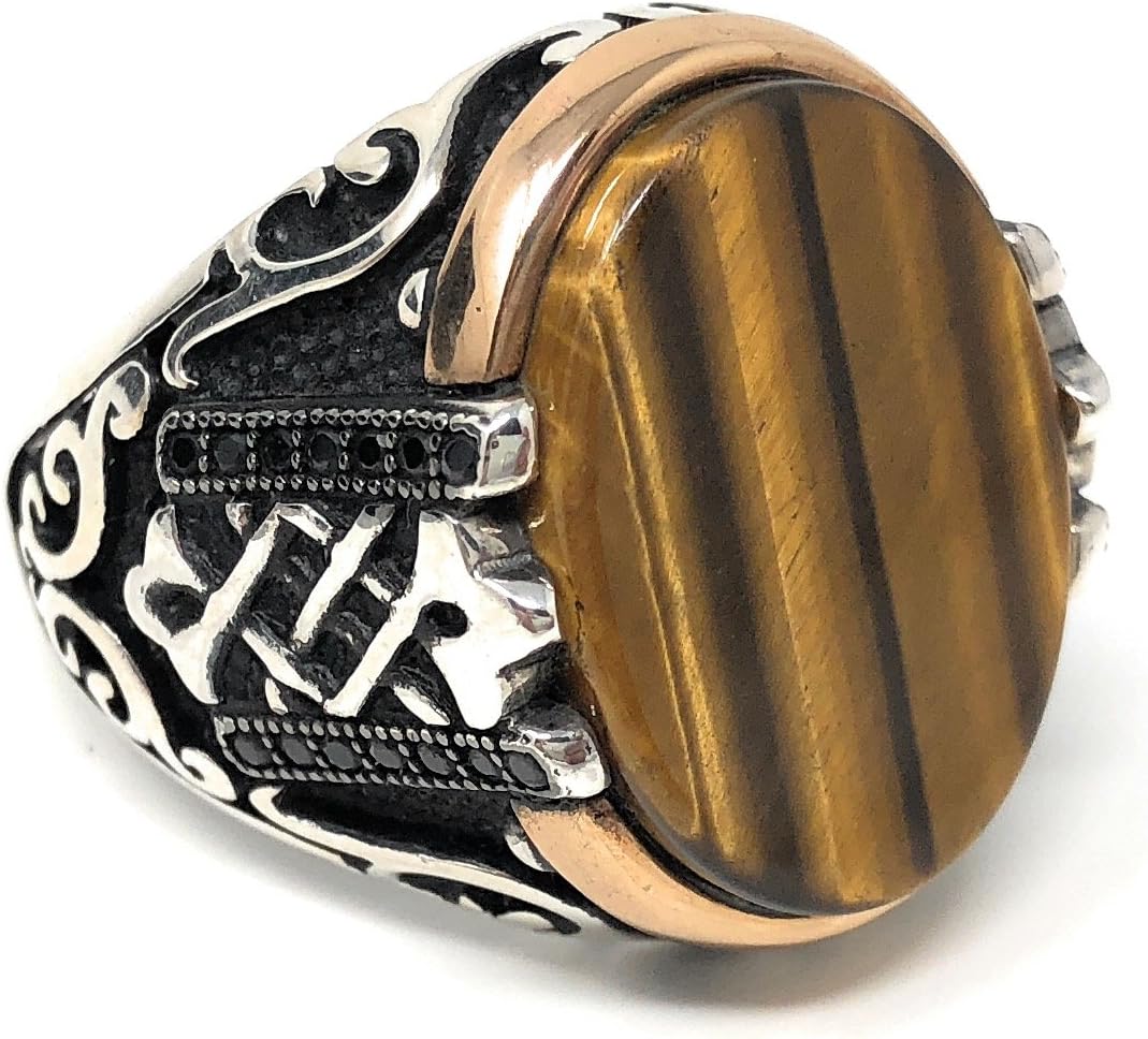 KAR 925K Sterling Silver Tiger Eye Stone Mens Ring wZircon Special Edition K61X