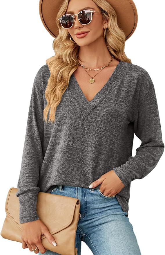 Long Sleeve Shirts V Neck Blouses for Women Basic Tees for Ladies Casual Fall Tops
