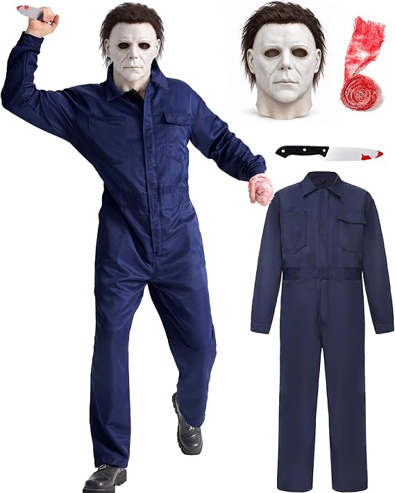 Men's Navy Halloween Jumpsuit Costume Set, Horror Mask, Prop knife, Gauze