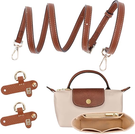 GADITIEK 2-Pack Mini Bag Strap for Long Champ, Long Champ Bag Organizer, Punch-Free Adjustable Buckle Strap Design, Multi-Pocket Felt Handbag Organizer, for Small Tote Bag Organizer(0.9cm)