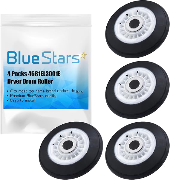 BlueStars Ultra Durable 4581EL3001E Dryer Drum Roller Replacement Part Compatible with L.G & Kenmore Dryers - Replaces 4581EL3001A 4581EL3001F PS7321740 - Pack of 4