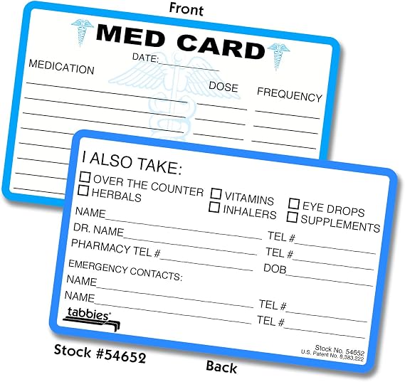 Tabbies 54652 MED Medical Emergency Medical Alert Cards, 25 Pack, Credit Card Size Wallet Emergency Info Cards with Laminating Seal for Offices & Giveaways