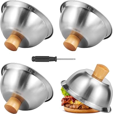 4 Pcs Burger Covers with Bamboo Handle, Stainless Steel Basting Cover, Round Cheese Melting Dome Dishwasher Safe Steaming Cover for Cooking Hamburgers Steaks Bacon