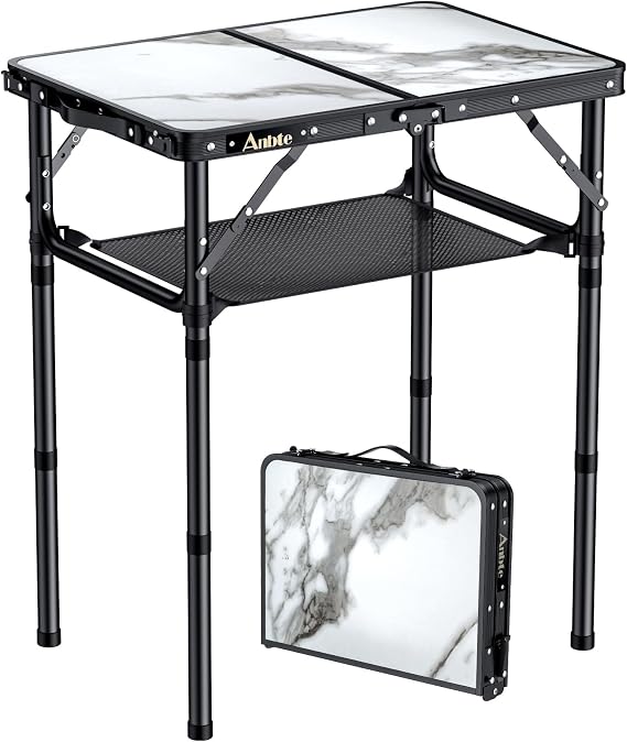 Anbte Folding Camping Table with Storage Net, 3 Adjustable Height Max 28"