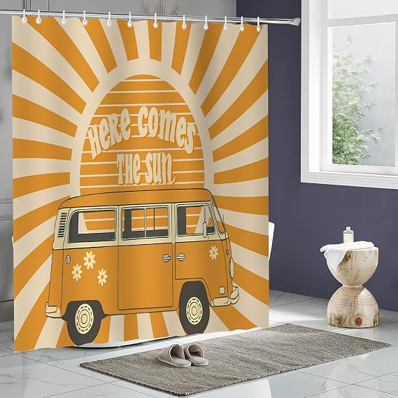 72x72 Hippie Retro Sun Sunshine Shower Curtain, Boho Vintage Bathroom Decor