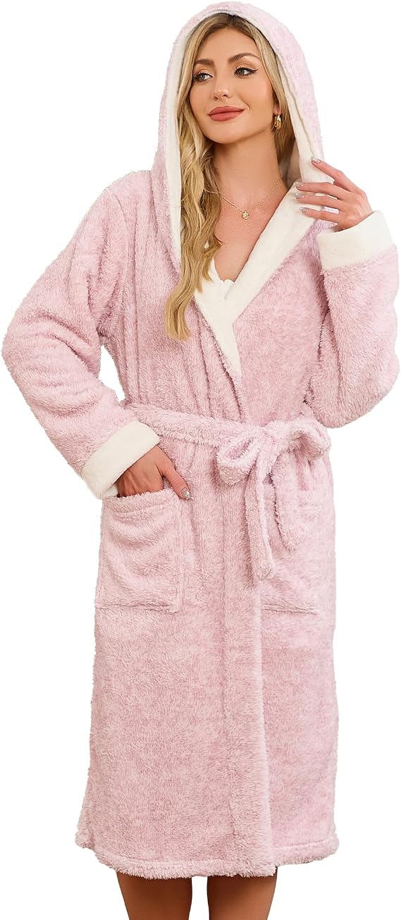 HEARTNICE Womens Hooded Plush Robes Soft Warm Long Bathrobe for Women Fluffy Winter Loungewear
