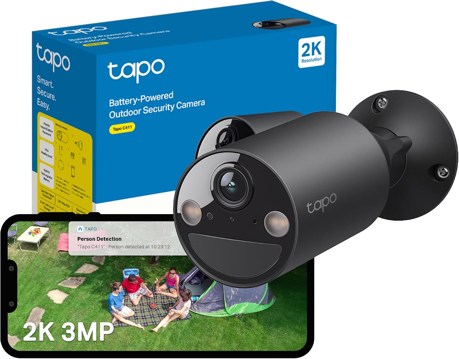 Tapo C411 2K 3MP Battery Security Camera Outdoor Wireless,Solar Security Camera,Colour Night Outdoor Camera,AI Detection,IP65,No Hub Required,Alexa,Google Home,Flexible Storage,No Monthly fee