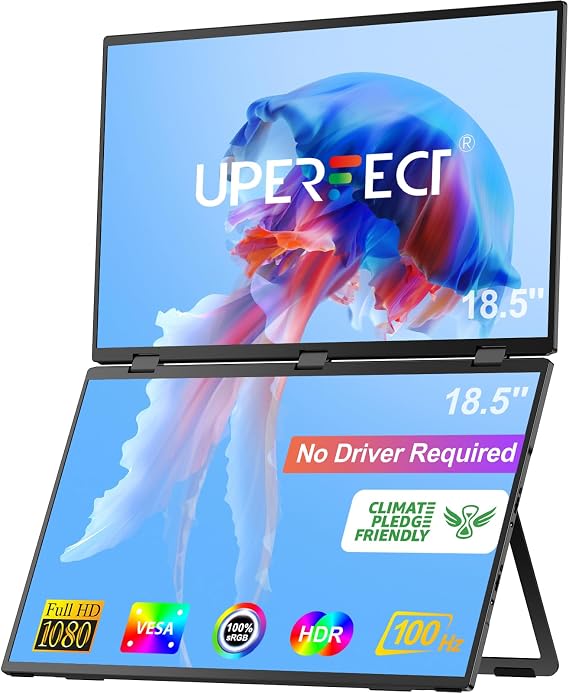 UPERFECT Delta Max 18.5" 100Hz Dual Portable Monitor for Laptop Screen Extender 1080P HDR 360 Folding Stacked Triple Monitor with Stand & VESA for Laptop PC Phone Game Console (No Driver Needed)