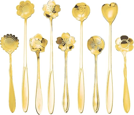 9 Pcs Flower Spoon Coffee Teaspoon, ESRISE Stainless Steel Tea Spoon(Gold)