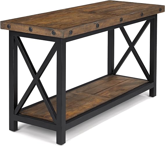 Flexsteel Dark Brown Sofa Table with Metal Frame and Exposed Bolt Heads