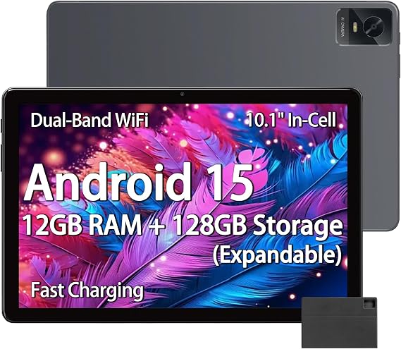 Android Tablet, 10.1 Inch Android 15 Tablets for Adults with Octa-Core CPU, 12GB RAM 128GB ROM (2TB Expandable), Dual WiFi, Bluetooth 5.0, 8000mAh Battery, 5MP+13MP, Widevine L1, 18W Fast Charging