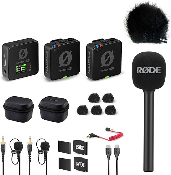 Rode Wireless Pro Microphone Set with Interview GO Hand Adapter and Keepdrum Fur Wind Protection Black