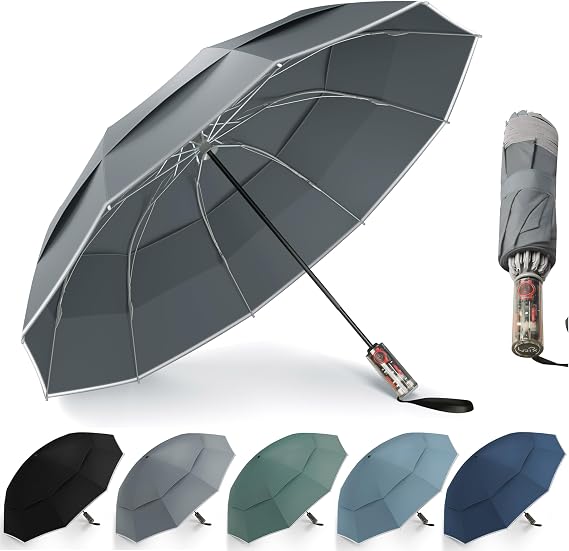 Urvoix Compact Golf Umbrellas Windproof, Travel Umbrella for Rain, 10 Ribs Aluminum Alloy & Fiberglass w/Reflective Stripe, Double Canopy Automatic Anti-bounce Close