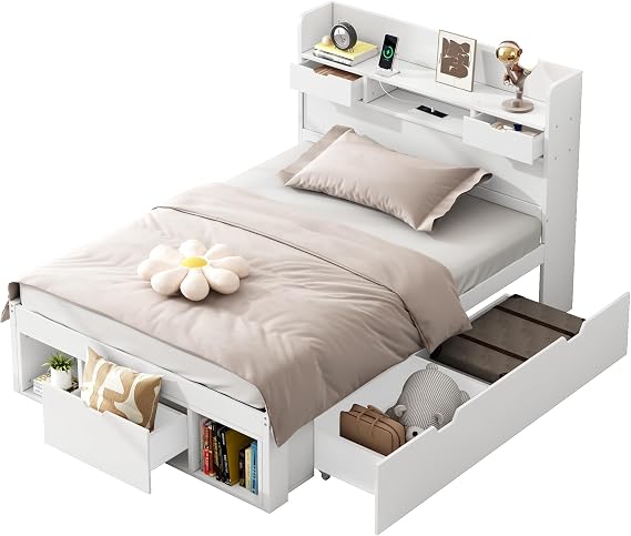 Multifunctional Bedframe featuring USB Charging Outlet,Headboard Shelf Cubbies,Footboard Book Niche,Rolling Side Drawer,Hidden Compartments,Wooden Slat Support,Pine MDF Construction (White,Single)