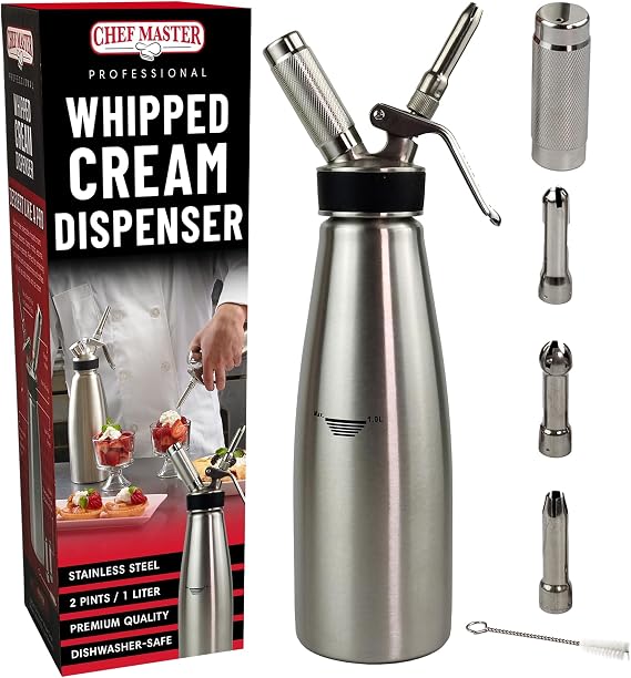 Chef-Master 90079 Cream Dispenser, Whipped Cream Dispenser for Waffles, Coffee, Cakes, Chef Grade Whipping Cream Dispenser, Stainless Steel Professional Design, Large 1 -Liter / 2 Pint