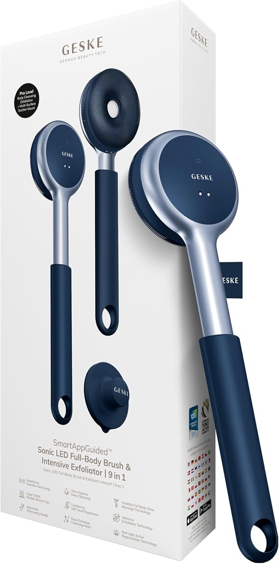 GESKE LED Sonic Full-Body Brush | 9 in 1 | Body Cleansing Brush & Intensive Exfoliator with LED | with SmartSonic Pulsations | Expert Deep Cleansing & Massage | Rough Skin Remover | Adjustable Handle