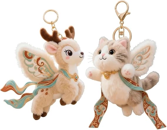 Cute Flying Cat Plush Keychain for Backpack, 3.9" Flying Deer Mini Plush Doll Purse Charm Pendant Gift Decoration