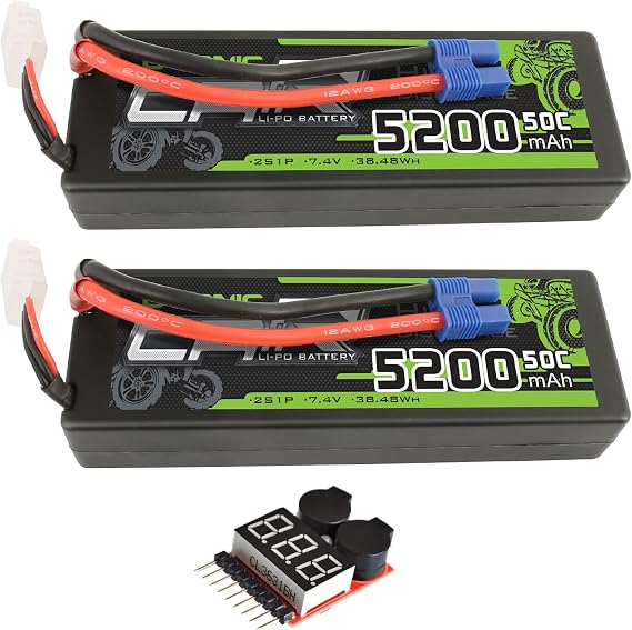 OVONIC Lipo Battery 5200mAh 50C 7.4V 2S RC Battery with EC3 Connector for RC Plane DJI Quadcopter RC Airplane RC Helicopter RC Car Truck Boat 2pcs(with Lipo Voltage Checker)