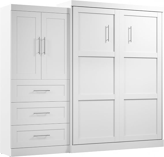 Bestar Queen Murphy Bed and Storage Cabinet with Drawers, White, Pur, 101W