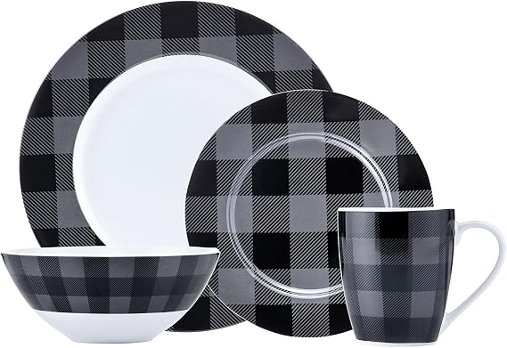 Safdie & Co. Buffalo Plaid Grey, Black 16 Piece Dinnerware Set, Service for 4, Fiesta Dinnerware, home trends and home food network essentials, Porcelain dinner plates, 16" L x 12" W x 15" H